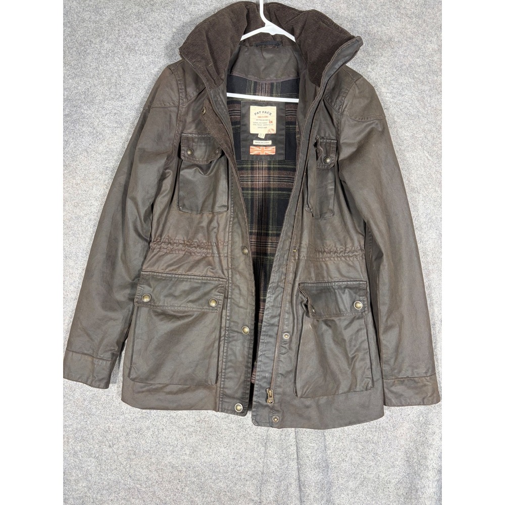 Fat Face British Utility Field Jacket Brown Waxed Cotton Plaid Lined Womens 4
